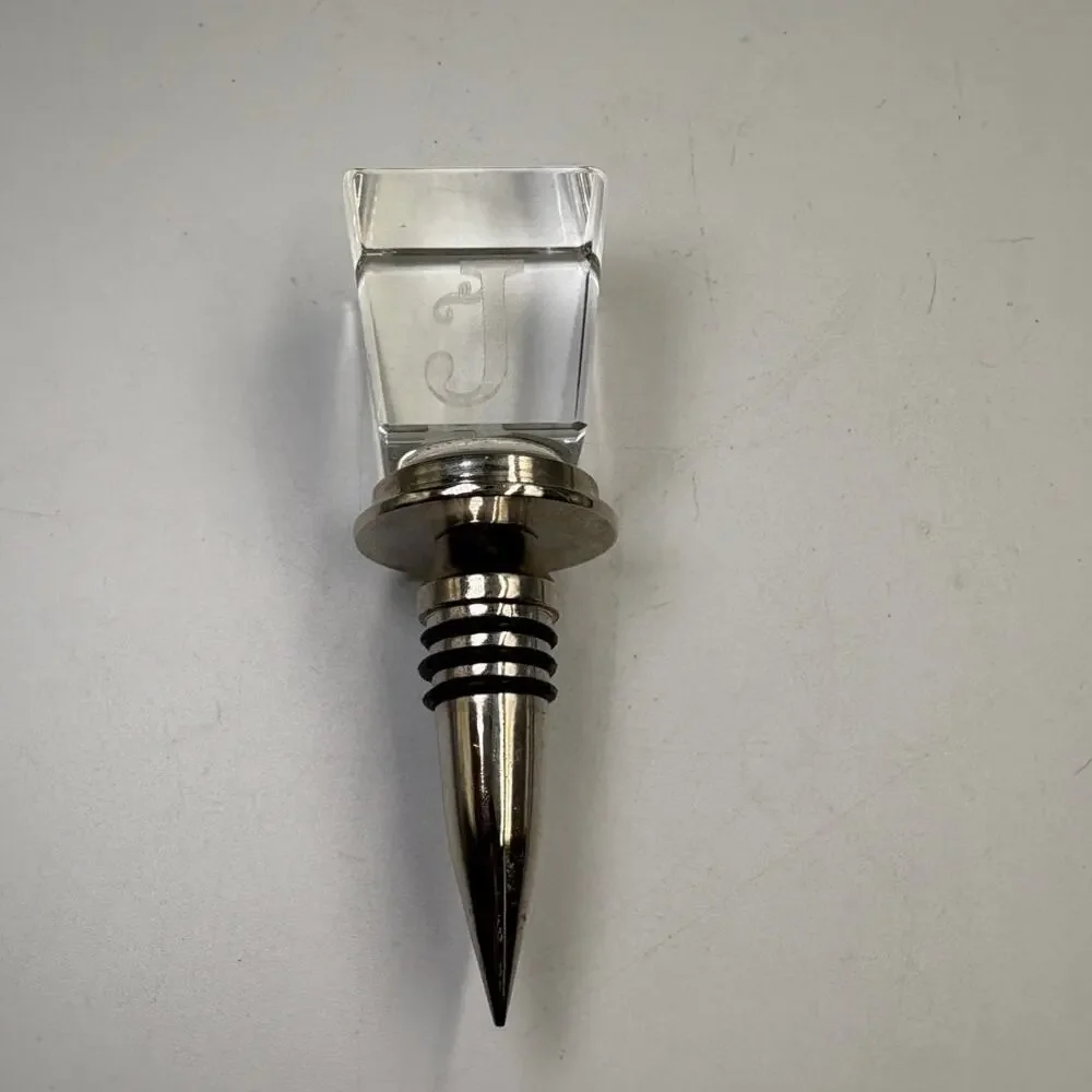 Monogram J Wine Bottle Stopper Clear Glass Crystal Silver Tone Personalized